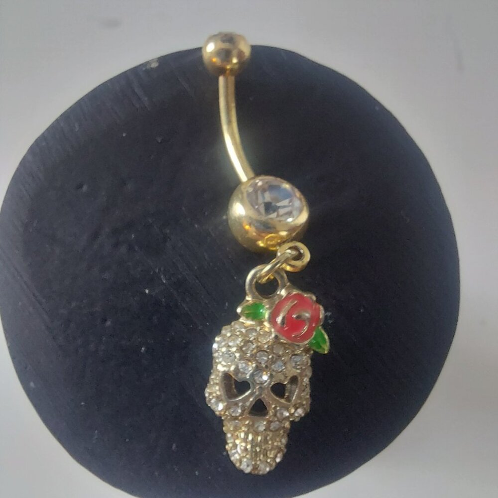 Skull Belly Ring Rhinestones Red Rose Heart Eyes 14G Surgical Steel NEW